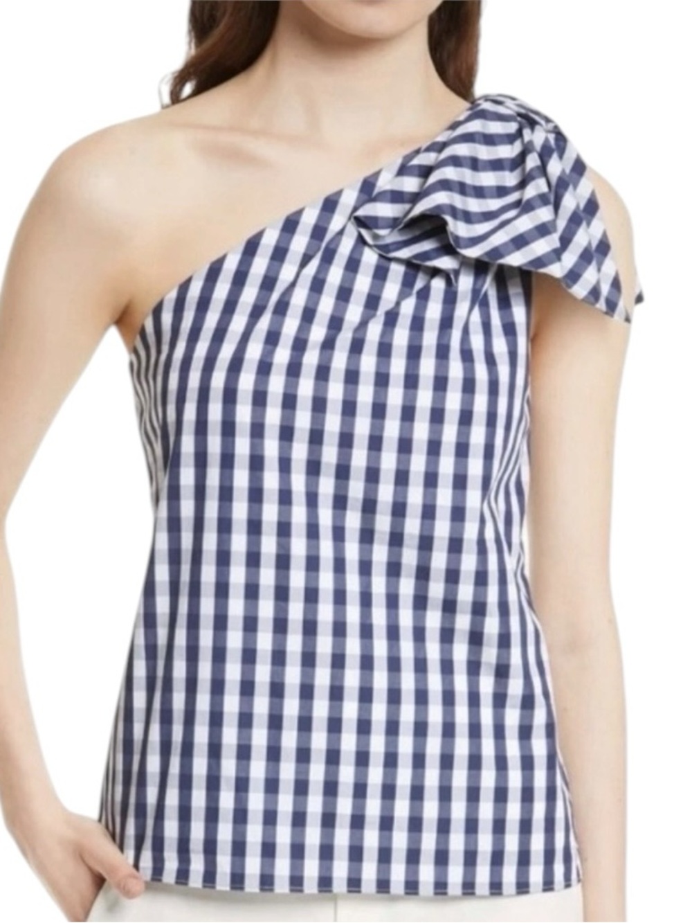 MILLY Cindy Gingham One Shoulder Bow Derail Top Size Small in Navy Check